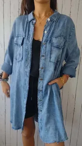 Light blue oversized denim look shacket for women featuring raw hem and chest pockets