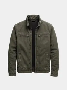 Men Vintage Cotton Cargo Jacket Loose Fit Stand Collar Zipper Workwear Outerwear With Multi Pockets Casual Windbreaker Jacket