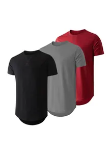 Three pack of men's short sleeve crew neck athletic T-shirts with curved hem in three colors