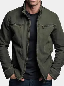 Premium men's retro olive green military workwear jacket featuring multiple functional zip pockets
