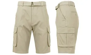 Detailed view of men's quick-dry cargo shorts with belt, featuring multiple utility pockets.