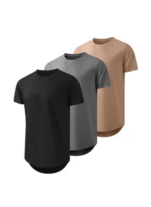 Three men's casual short-sleeve sports T-shirts in black, grey, and khaki colors.