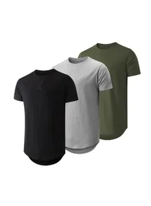 Three-pack men's short sleeve crewneck t-shirts in black grey green with curved hem