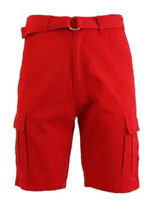 Close-up of red quick-dry cargo shorts featuring multi-pockets and matching belt