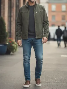 Man wearing an olive green workwear jacket with blue jeans in an urban street setting.