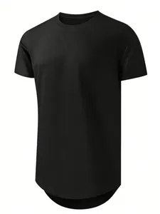 Close-up of black men's sports t-shirt with X-stitch detail and curved hemline