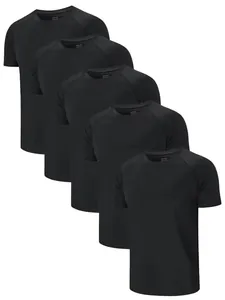 Detailed close-up of a 5-pack black breathable short-sleeved sport t-shirts for men