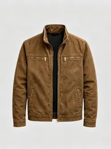 Professional men's vintage brown canvas workwear jacket with multiple utility zip pockets