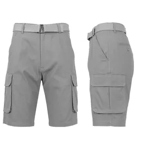 Detail view of men's grey quick-dry cargo shorts featuring a matching belt and multi-pockets.