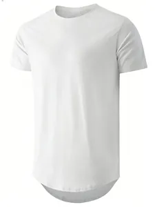 Close-up detail of white men's sports T-shirt featuring curved hem and X-stitch neckline