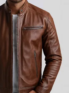 Heren slim fit bruin PU-leren motorjack met opstaande kraag en ritszakken voor heren
