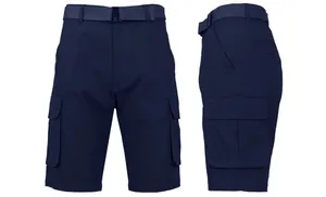 Navy blue men's cargo shorts with matching belt, multi-pocket quick-dry straight-leg design.