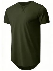 Detail view of men's olive green short sleeve athletic t-shirt with curved hem design