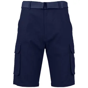 Detail of men's navy blue quick dry cargo shorts featuring matching belt and pockets