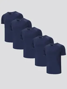 Set of five men's navy blue breathable sports t-shirts shown in an overlapping row