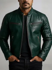 Heren slim-fit donkergroene PU-leren bikerjas met opstaande kraag en ritsen voor heren