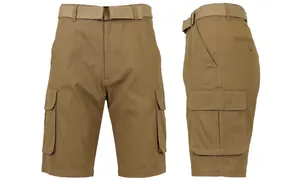 Detailed front and side views of khaki quick-dry cargo shorts with matching canvas belt