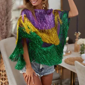 Poncho à franges Mardi Gras avec fils métalliques violets dorés et verts pour la fête