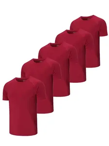 Detailed view of five men's red athletic t-shirts arranged in a stepped layering style.