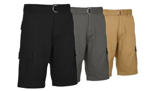 Detailed view of men's quick-dry multi-pocket cargo shorts with belts in three colors