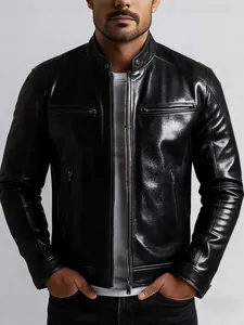 Zwart PU-leren motorjack voor heren met slim fit, opstaande kraag en punk ritssluiting