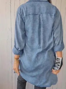 Back view of a casual oversized acid wash denim-look long sleeve shirt jacket for women