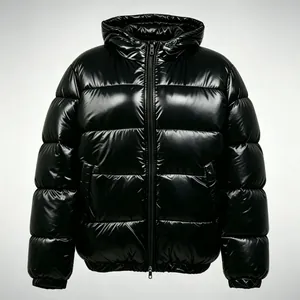 Premium glossy black men's winter puffer jacket with hood for warmth and comfort