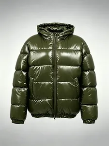 Shiny olive green men's hooded puffer jacket with premium quilted design