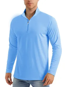 T-shirt sportiva da uomo azzurra con mezza zip a maniche lunghe ad asciugatura rapida