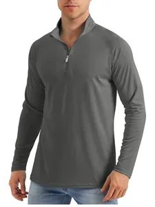 Maglietta sportiva a maniche lunghe da uomo con mezza zip, asciugatura rapida in grigio.