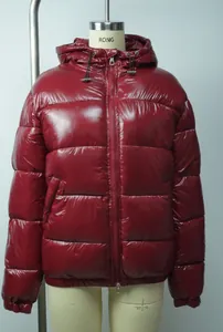 High-quality wine red glossy hooded winter puffer jacket for men, studio detail view