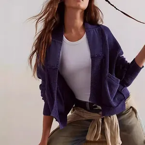 Dunkel lila Damen Strickjacke mit Patchwork-Design und gerippten Ärmeln, lockere Passform