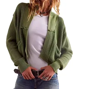 Damen Strickjacke mit grünem Patchwork-Design, modische Strickjacke für den Winter