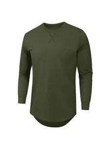 T-shirt manches longues vert olive pour homme avec ourlet arrondi et détail de point de croix