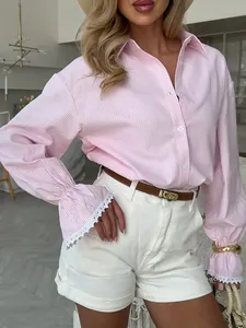 Women's Striped Long Sleeve Shirt With Lace Flare Sleeves Button Down Lapel Casual Blouse Spring Summer Top