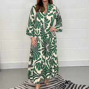 Vestido Maxi Escalonado Elegante para Mujer Cuello en V Estampado Floral Manga Acampanada Bohemio Falda Larga