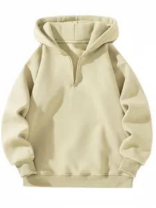 Oversized beige hoodie met halve rits, trekkoord en casual lange mouwen voor dames