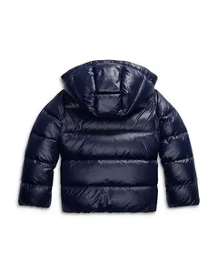 Giacca a vento imbottita blu navy lucida con cappuccio per donna e fodera calda