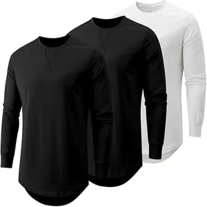 Vue détaillée de t-shirts à manches longues pour hommes avec col rond et ourlet courbé