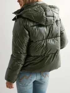 Back view detail of a women's glossy olive green hooded puffer jacket for winter