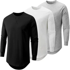 T-shirts à manches longues pour hommes en noir, blanc et gris avec ourlet incurvé.