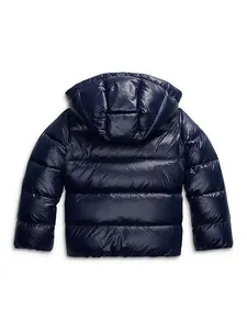 Piumino con cappuccio blu navy lucido premium da donna vista posteriore per l'inverno