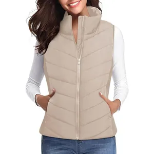 Women's warm stand-collar puffer vest in beige, ideal for autumn and winter days