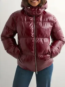 High-quality women's winter hooded shiny puffer jacket with a glossy burgundy finish.