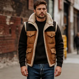 Men's sherpa-lined suede vest detail with four utility pockets in an urban street setting