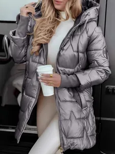 Premium metallic grey hooded puffer jacket for women with unique star quilted pattern design