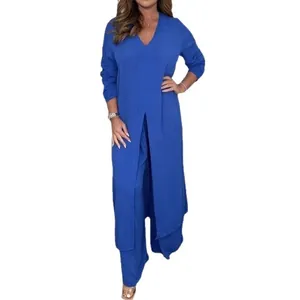 Elegant cobalt blue 2-piece set with V-neck long slit top and wide-leg trousers for women