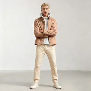 Full-length shot of a men's minimalist tan stand-collar jacket with beige chinos