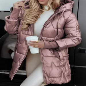 Stylish women's metallic pink hooded puffer jacket for autumn and winter outdoor wear