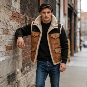 Outdoor lifestyle view of a men's suede vest with multi-pockets and shearling lining
